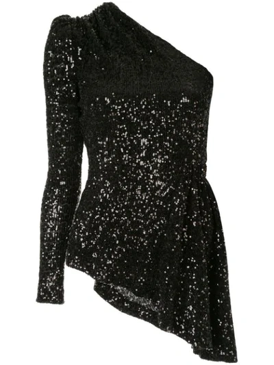 Rebecca Vallance Mica One-sleeve Sequined Mesh Peplum Top In Black