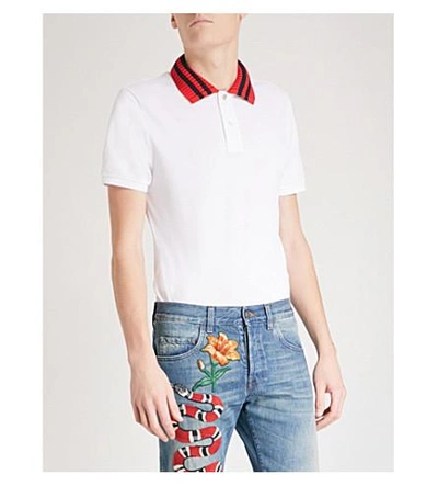 Gucci Striped-collar Stretch-cotton Polo Shirt In Pearl