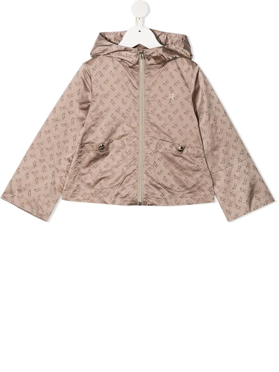 Herno Ruffle Hem Logo Print Rain Jacket In Brown