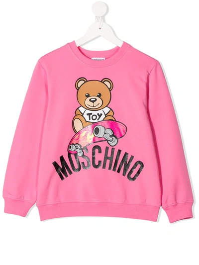 Moschino Kids' Bear Logo Print Round Neck Sweatshirt In Pink
