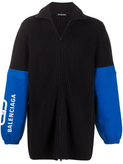 Balenciaga Zip Up Knit Cardigan W/jersey Sleeves In Black