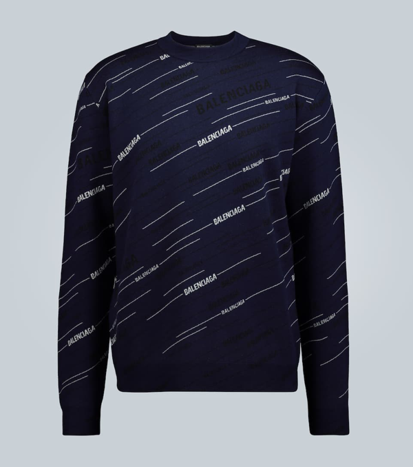 Balenciaga Diagonal Logo Crewneck Sweater In Blue | ModeSens