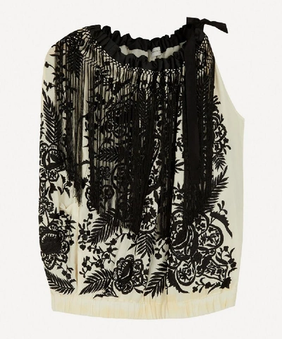 Dries Van Noten Embroidered Floral Fringe Sleeveless Top In Ecru/black