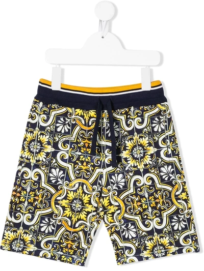 Dolce & Gabbana Kids' Jersey Bermuda Jogging Shorts With Maiolica Print In Multicolor