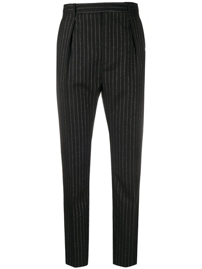 Saint Laurent Metallic-pinstripe Wool-blend Trousers In Black,silver
