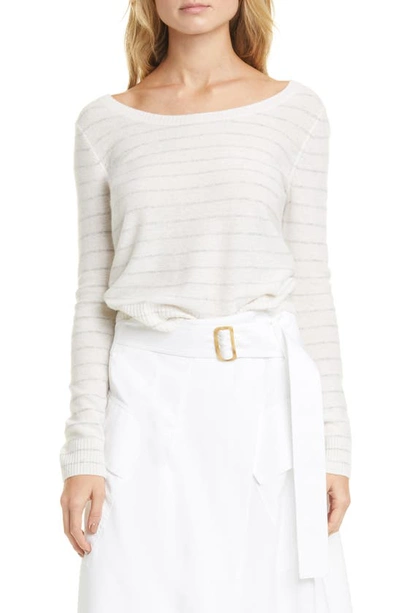 Vince Stripe Ballet Neck Cashmere Sweater In Off White/ H Grey