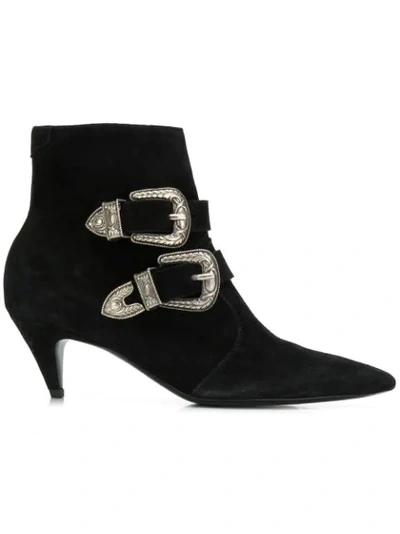 Saint Laurent Charlotte Suede Buckle Booties In Black