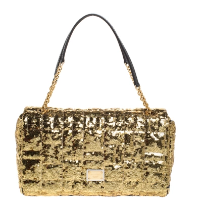 Pre-owned Dolce & Gabbana Metallic Gold Sequins And Python Lining Miss Kate Shoulder Bag