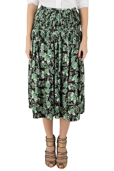 Pre-owned Marni Fern Green Floral Print Silk Pleated Midi Skirt S