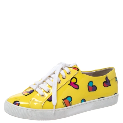 Pre-owned Boutique Moschino Yellow Patent Leather Heart Low Top Lace Up Sneakers Size 38