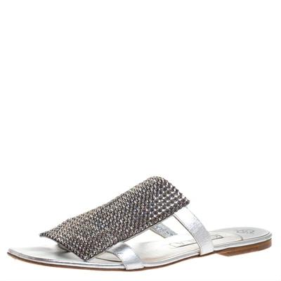 Pre-owned Gina Silver Crystal Embellished Leather Flat Slides Size 40