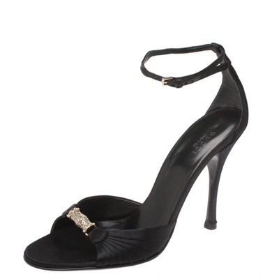 Pre-owned Gucci Black Satin Embellished Ankle Strap Sandals Size 39