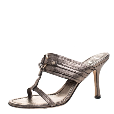 Pre-owned Dior Metallic Leather T Strap Slide Sandals Size 37
