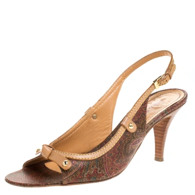 Pre-owned Etro Brown Paisley Print Coated Canvas And Leather Open Toe Slingback Sandals Size 39.5