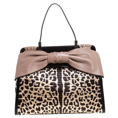 Pre-owned Valentino Garavani Black Leopard Print Raffia Patent Leather Aphrodite Bow Top Handle Bag