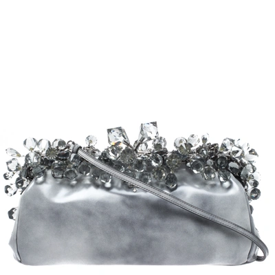 Pre-owned Prada Grey Patent Leather Crystal Encrusted Chain Clutch