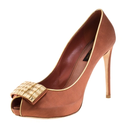 Pre-owned Louis Vuitton Bronze Satin Music Hall Open Toe Pumps Size 38 In Brown