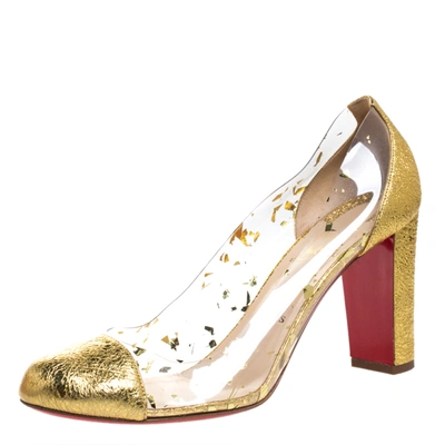 Pre-owned Christian Louboutin Gold Textured Leather And Pvc Lady Gena Pumps Size 40