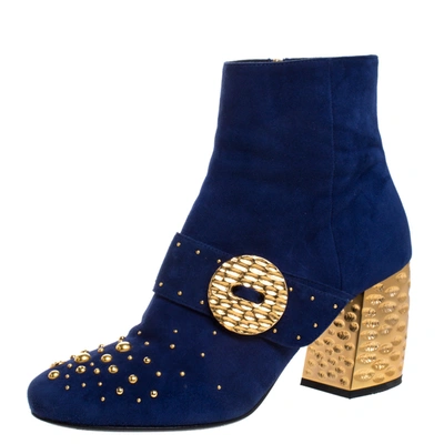 Pre-owned Prada Blue Suede Studded Metallic Block Heel Ankle Boots Size 38.5