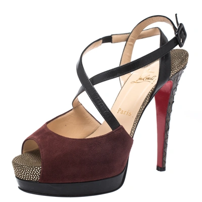 Pre-owned Christian Louboutin Multicolor Suede Python And Leather Platform Ankle Strap Sandals Size 38