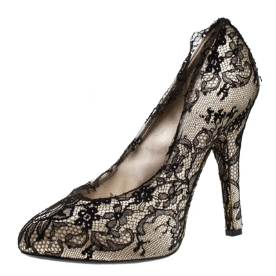 Pre-owned Dolce & Gabbana Cream Satin And Black Lace Platform Pumps Size 38.5