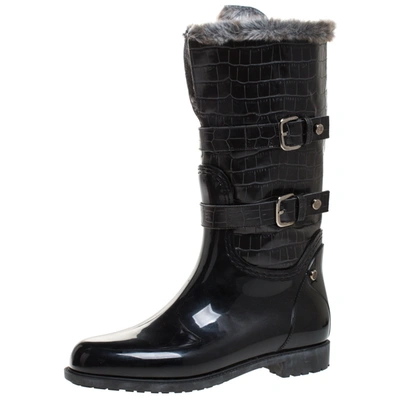 Pre-owned Stuart Weitzman Black Croc Embossed Faux Leather And Faux Fur Trim Mid Calf Boots Size 41