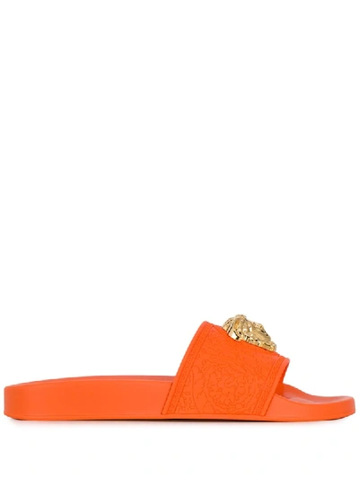 Versace Vibrant Logo Embossed Sliders In Orange