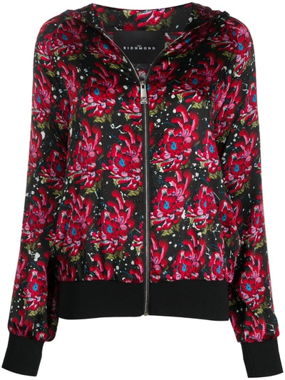 John Richmond Floral-print Zip-up Hoodie In Black