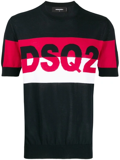 Dsquared2 Logo Intarsia Short Sleeved Crewneck In Black