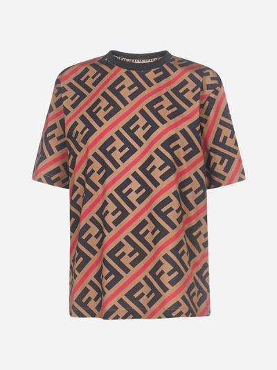 Fendi T-shirt In Cotone A Righe Diagonali Con Logo Ff In Color Block + Baroque