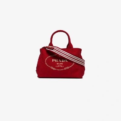 Prada Red Logo Canvas Tote Bag In Red