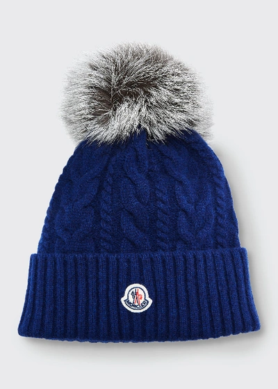 Moncler Cable-knit Beanie Hat W/ Fur Pompom In Blue