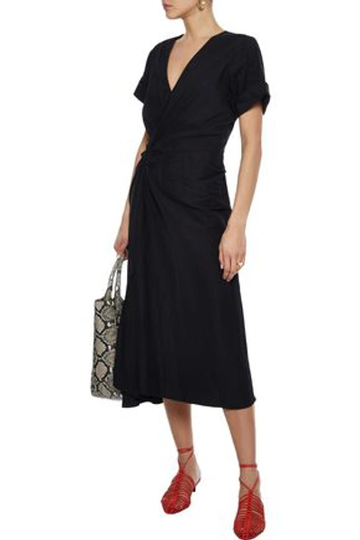 A.l.c Wrap-effect Gathered Linen-blend Midi Dress In Black