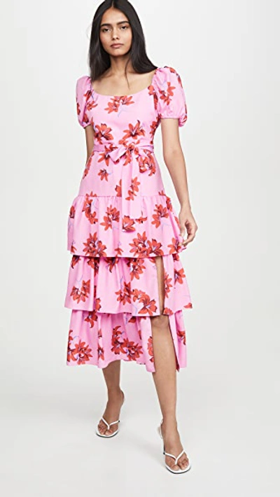 Likely Lottie Floral Puff-sleeve Tiered Ruffle Dress In Red & Pink Multi