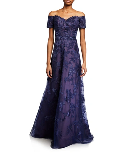 Rene Ruiz Off-the-shoulder Sweetheart Short-sleeve Metallic Lace Gown In Navy