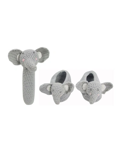 Albetta Crochet Elephant Rattle W/ Matching Booties, Baby In Grey