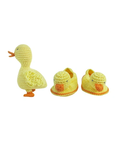 Albetta Crochet Duck Rattle W/ Matching Crochet Booties, Baby In Yellow