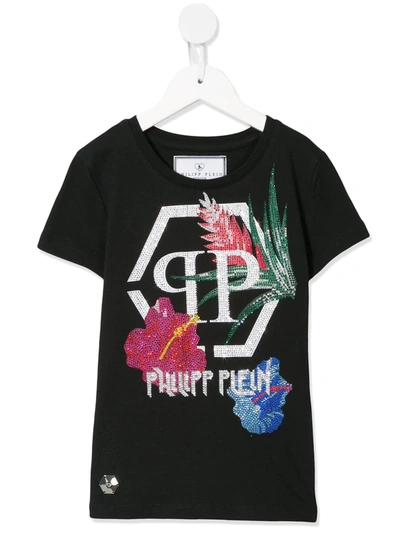 Philipp Plein Junior Crystal-embellished Crew Neck T-shirt In Black