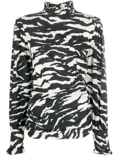 Isabel Marant Fantine Smocked-neck Tiger-print Silk-blend Blouse In Black