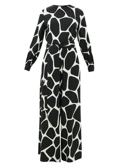 Valentino 1966 Giraffe-print Silk-crepe Jumpsuit In White And Black