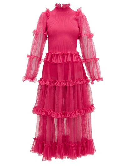 Alexander Mcqueen Tiered Tulle And Ribbed-knit Dress In Orchid Pink