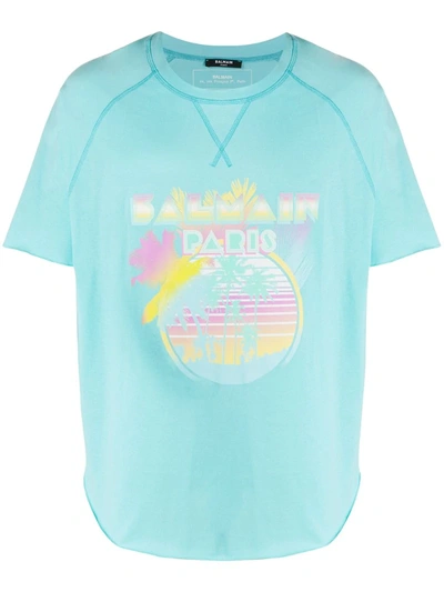 Balmain Graphic Print Cotton T-shirt In Blue