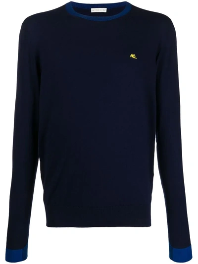 Etro Contrast Collar And Cuffs Knitted Cotton Jumper In Blue