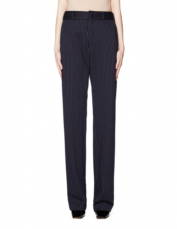navy and white striped trousers