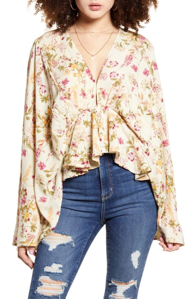 Band Of Gypsies Agave Floral Print Bell Sleeve Top In Ivory Pink