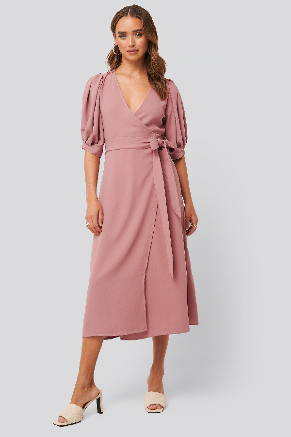 pink wrap midi dress