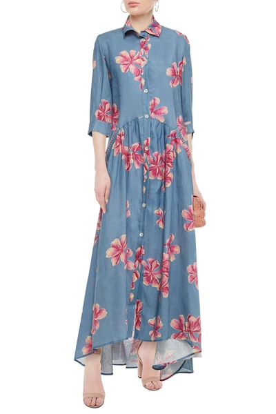 Anjuna Frida Crochet-trimmed Floral-print Linen Maxi Shirt Dress In Slate Blue