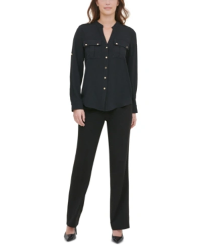 Calvin Klein Textured Roll Tab Button Down Shirt In Black