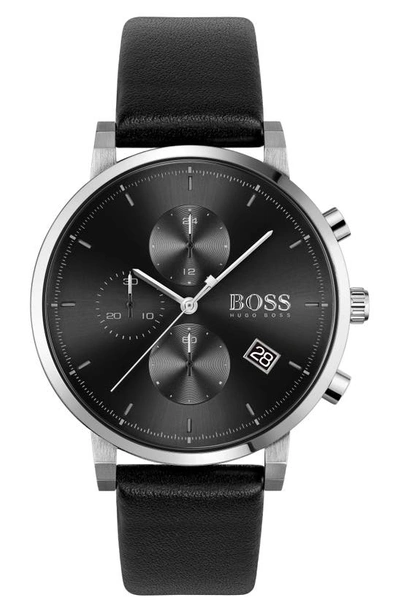 Hugo Boss Integrity Chronograph Leather Strap Watch, 43mm In Black
