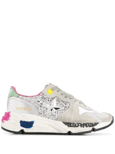 Golden Goose Running Sun Trainers In Suede And Glitter Leather In Silver